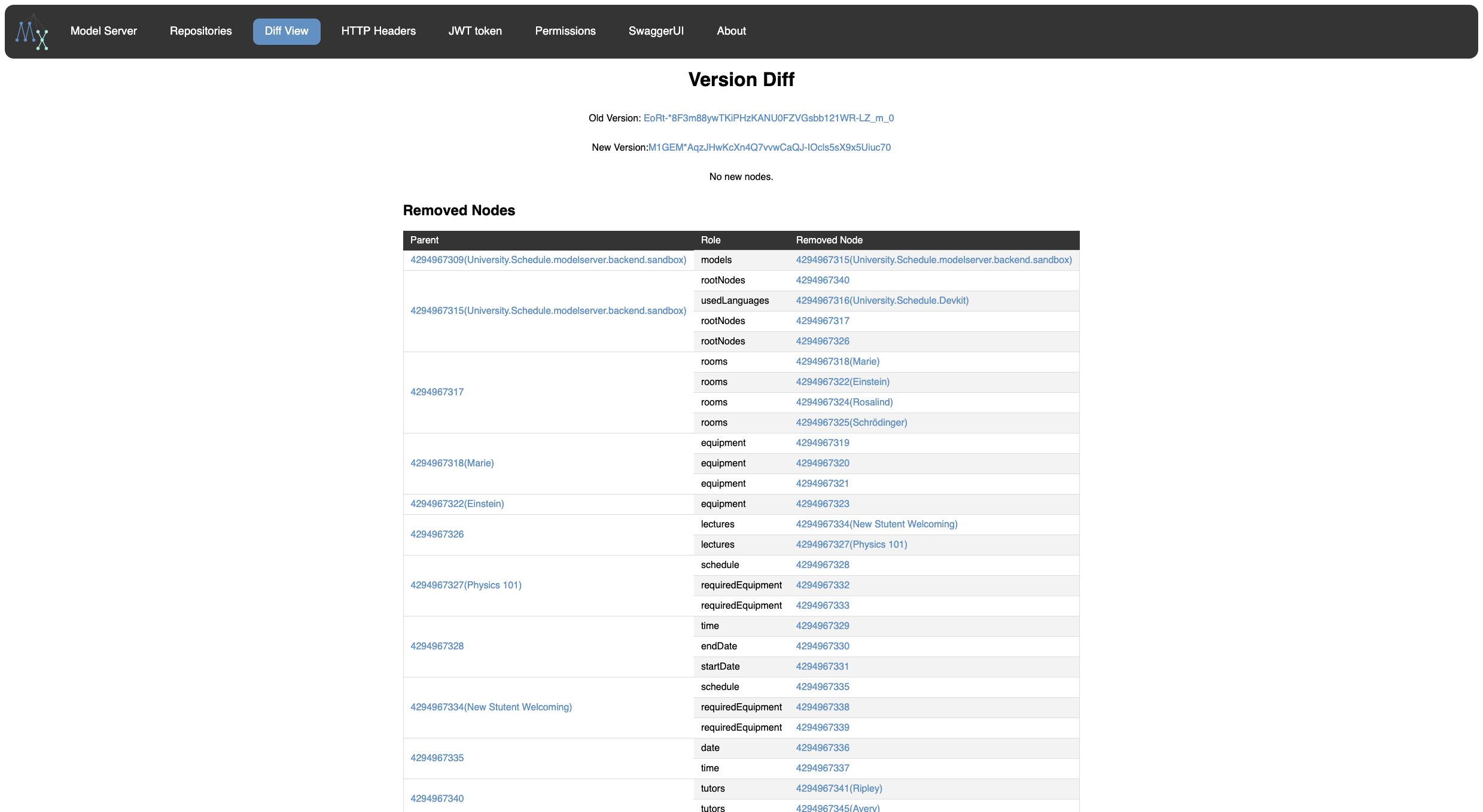 UI showing changes in between versions